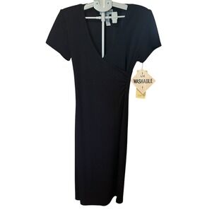 Another Thyme Faux Wrap Midi Dress Womens 10P Dark Navy Short Sleeve NWT Vintage